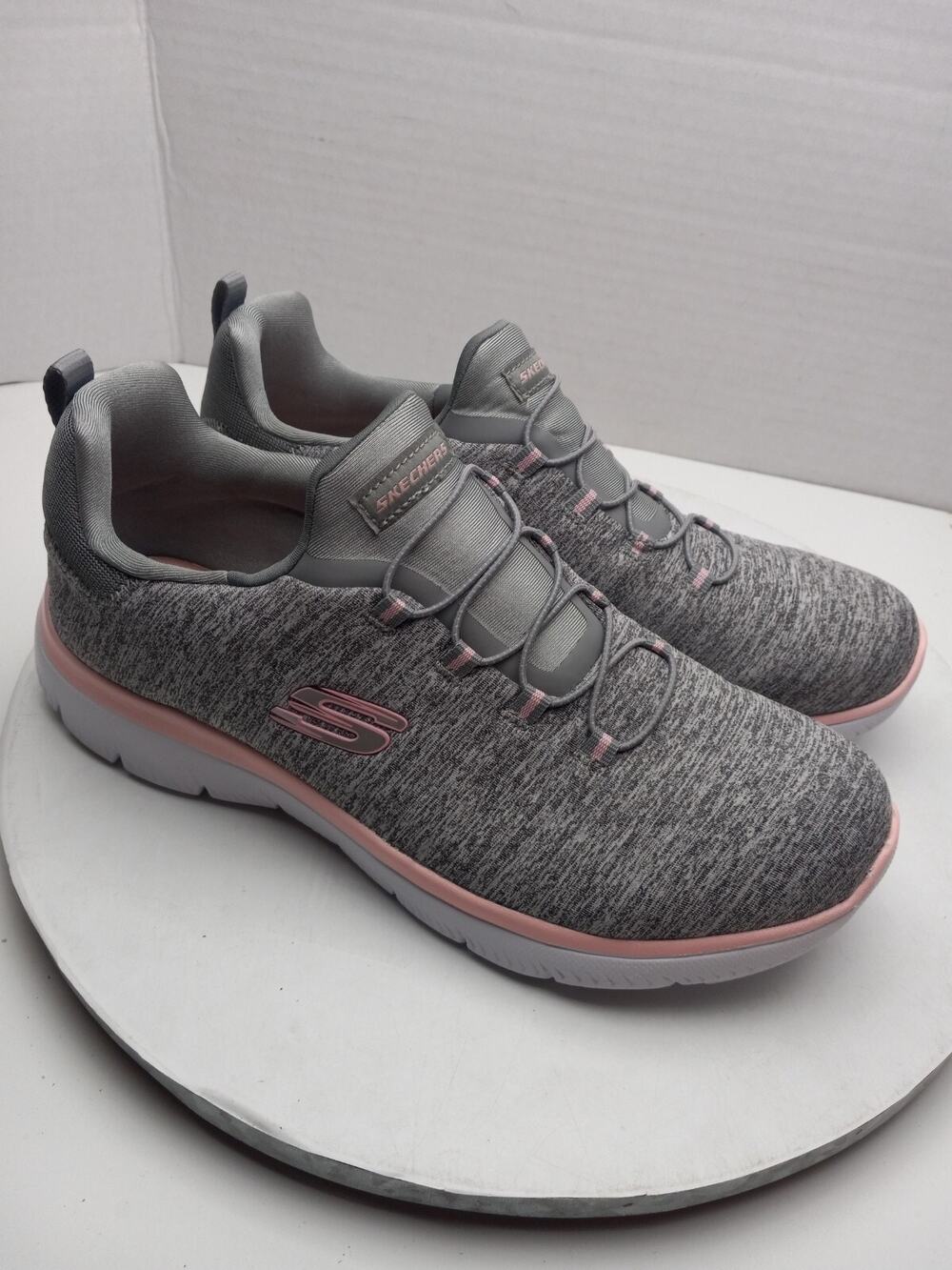 Skechers Summits Getaway Gray Light Pink Slip On Bungee Lace Shoes Womens Sz 10